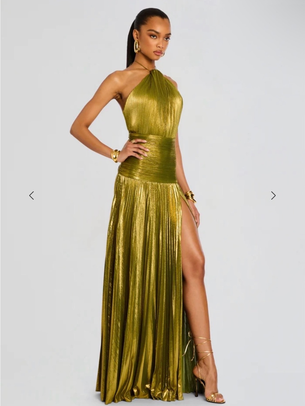 Retrofete Metallic Gold Halter Maxi Gown with High Slit - Picture 3 of 5